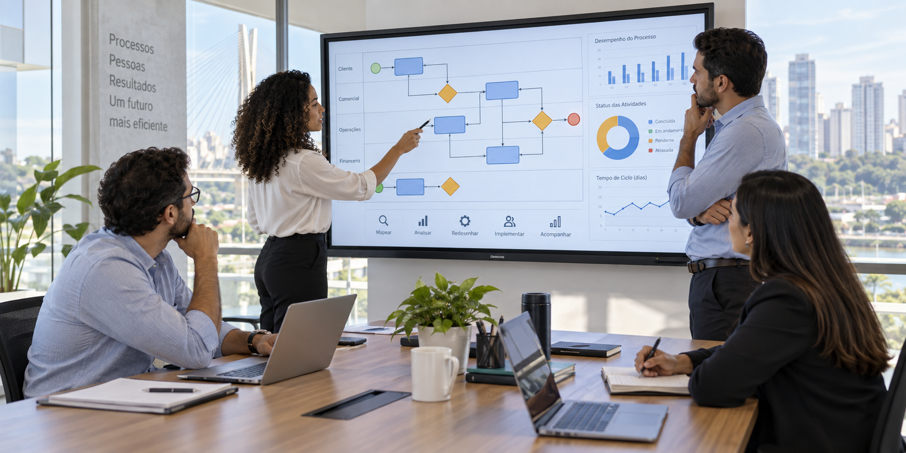 Equipe analisando e redesenhando processos empresariais